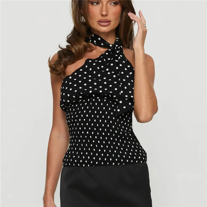 VacationGrabs Women's Summer Halter Tops Casual Stylish Dots Print Slim Fit Backless Sleeveless Vest Going Out Vacation Streetwear