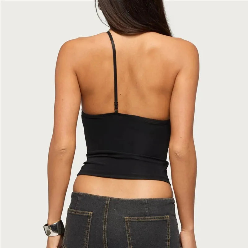 VacationGrabs Women's Asymmetrical Halter Top Lace V-Neck Cutout Sleeveless Slim Fit Y2K Cropped Camisole for Party Night Out