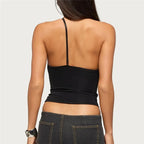VacationGrabs Women's Asymmetrical Halter Top Lace V-Neck Cutout Sleeveless Slim Fit Y2K Cropped Camisole for Party Night Out