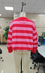 VacationGrabs Oversized Striped V Neck Raw Hem Cropped Sweatshirt Women Loose Long Sleeve Pullover Winter Autumn Casual Streetwear