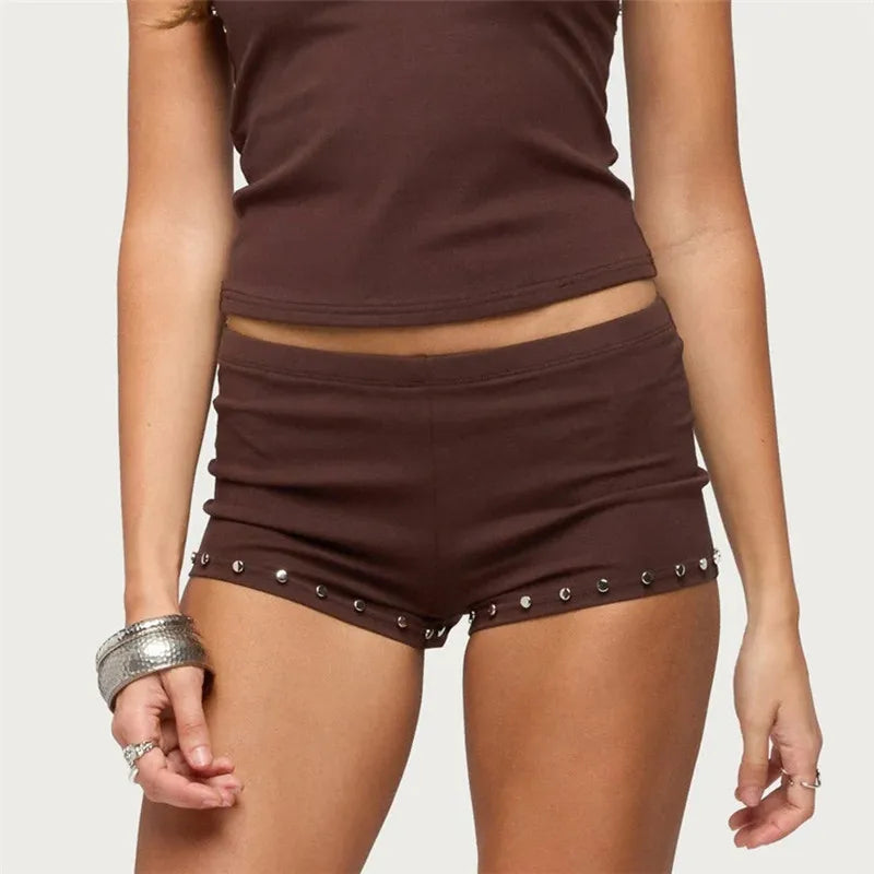 VacationGrabs Y2K Retro Rivet Stud Decor Low Waist Shorts Women Stretch Slim Bodycon Mini Hot Pants Casual Clubwear Booty Shorts
