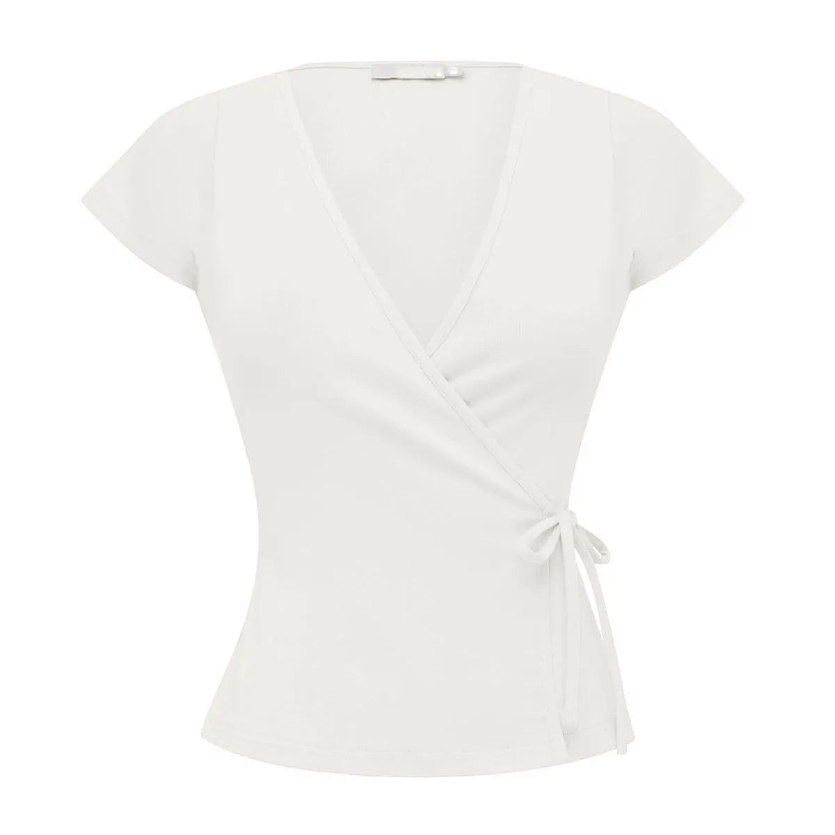 VacationGrabs Ladies Surplice Wrap V‑Neck Short Cap Sleeve T‑Shirt Side Tie Knot Fitted Cropped Top Solid Color Casual Daily Blouse