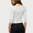 VacationGrabs Women Vintage Polka Dot Crop Top Deep V 3/4 Sleeve Wrap Bust Slim Fitted Short T Shirt Retro Casual Y2K Basic Blouse