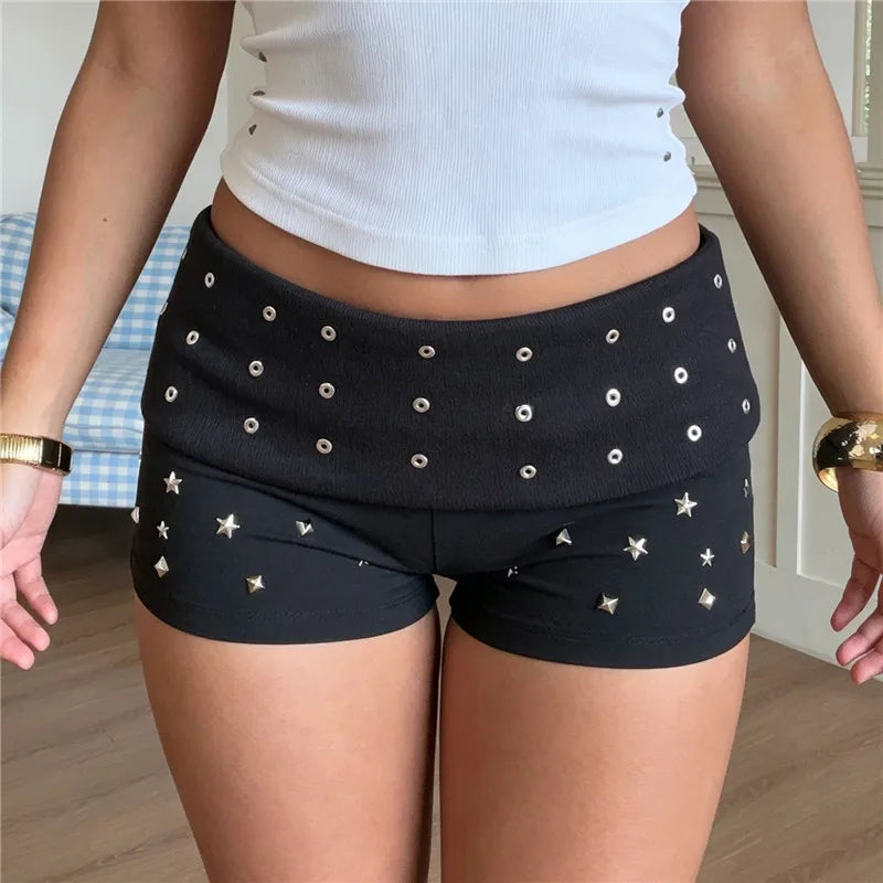 Y2K Sexy Low Waist Star Studded Mini Shorts Women Ribbed Stretch Tight Booty Hot Pants Eyelet Club Night Streetwear Bottom