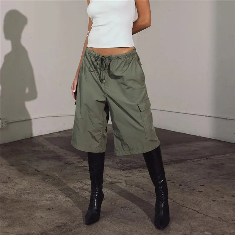 VacationGrabs Elastic Drawstring Cargo Bermuda Shorts Women Multi Pocket Loose Wide Leg Knee Length Baggy Capri Culottes Y2KStreetwear