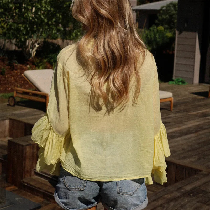 VacationGrabs Elegant Women Ruffle Sheer Blouse Casual Loose V Neck Long Sleeve Shirts for Spring Summer Vintage Streetwear