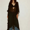 Women Lace Mesh Tie Front Maxi Top Ruffled Long Sleeve Sheer Cardigan See Through Flowy Kimono Cover Up Shirt