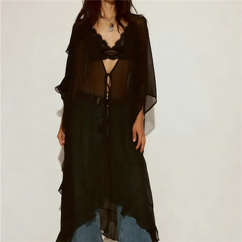 Women Lace Mesh Tie Front Maxi Top Ruffled Long Sleeve Sheer Cardigan See Through Flowy Kimono Cover Up Shirt