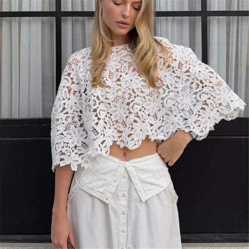 Boho Romantic Hollow Lace Cape Short Top Floral Cutout Batwing Sleeve Cropped Cover Up For Summer Picnic Resort Daily Outfit