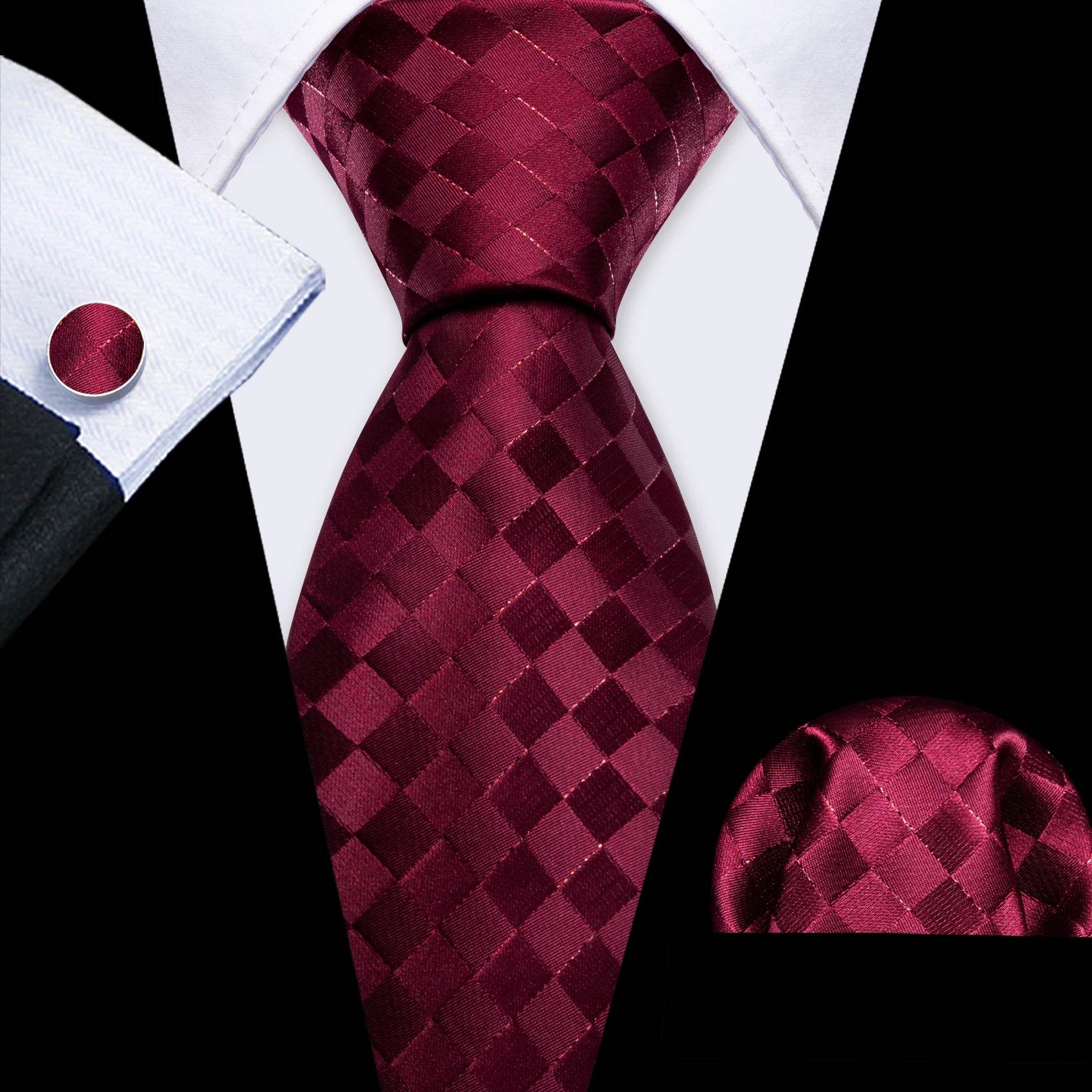 Red Plaid Silk Tie Set for Men - VacationGrabs