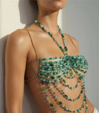 VacationGrabs Retro Bohemian Crystal Beaded Body Chain Halter Top Sexy Women Layered Tassel Chain Backless Beach Streetwear Jewelry