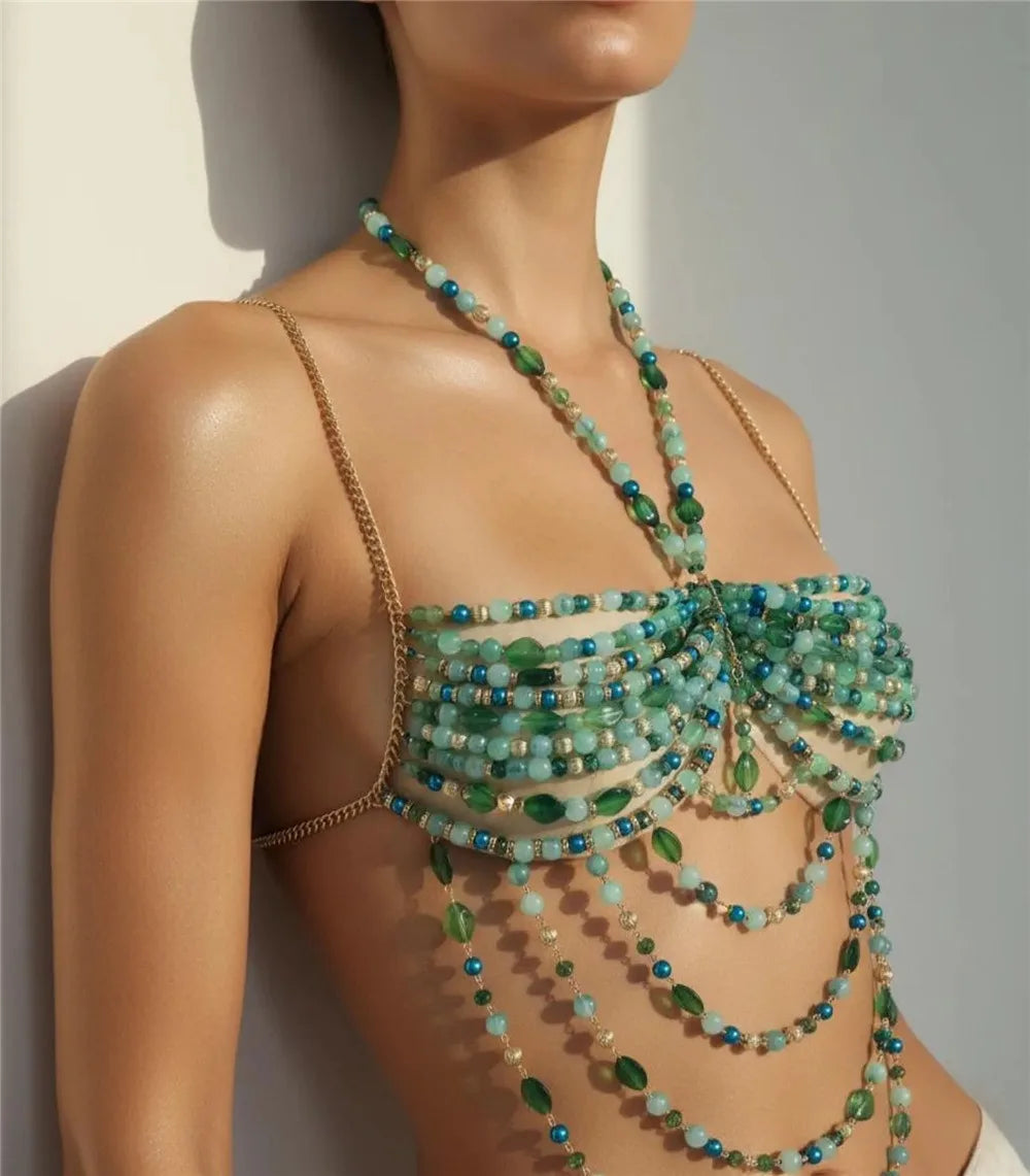 VacationGrabs Retro Bohemian Crystal Beaded Body Chain Halter Top Sexy Women Layered Tassel Chain Backless Beach Streetwear Jewelry