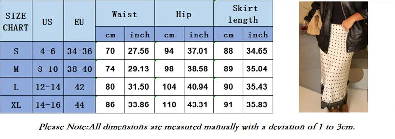 VacationGrabs Women Elegant Lace Satin Spliced Midi Skirts Sexy Dots Print High Waist Retro Casual Straight Midi Skirts Y2K Streetwear