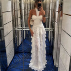 Sexy Cut Out Halter Lace Maxi Dress Sheer Tiered Ruffle See Through Long Gown Backless Slim Bodycon Party Club Night Women Dress