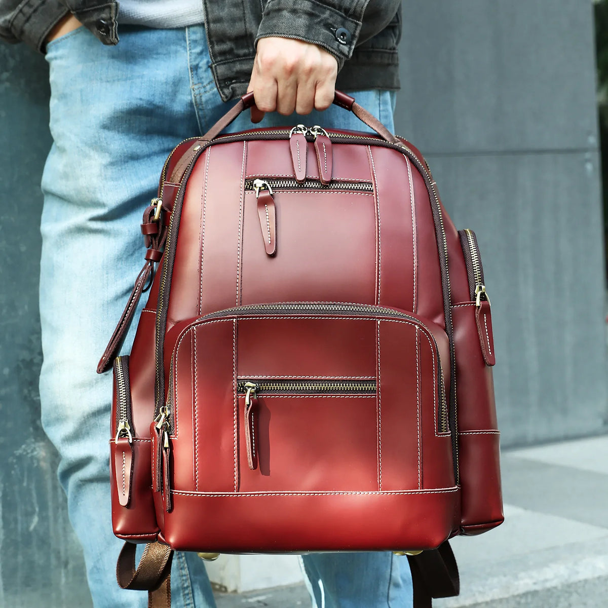 Frenzy Horsehide Men's Double-Shoulder Backpack, Cowhide Outdoor Travel Backpack, Men's Genuine Leather Double-Shoulder Bag