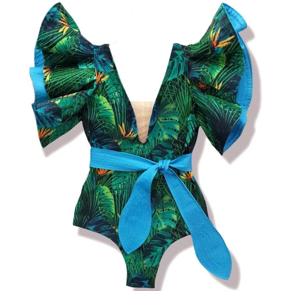 Women's Ruffle Sleeve Deep-V Bathing Suit - VacationGrabs
