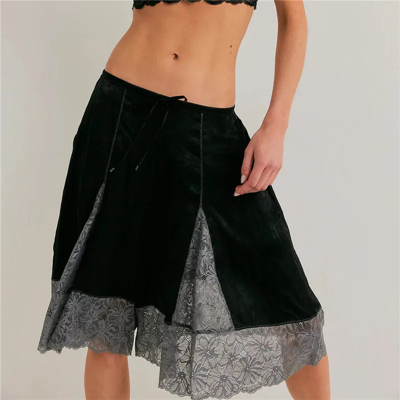 Women Lace Trim Shorts Y2k Satin Low Rise Half Slip Pajamas Cute Bow Coquette Pettipants Bloomers Patchwork Lounge Midi Pants