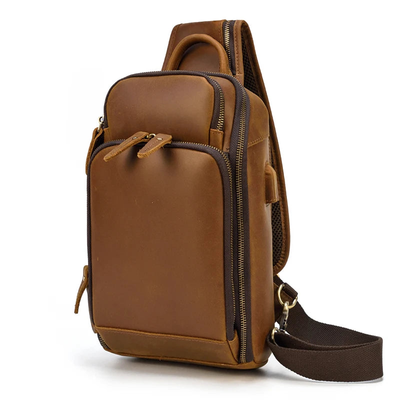 Leather Chest Bag Usb Charging Port  Men's Cross Body Bag Genuine Leather Chest Pack Single Shoulder Bag For Man Male Vintage
