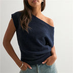 VacationGrabs Off Shoulder Short Sleeve Knit T-Shirt Women Casual Loose Elegant Female Solid Sexy Knit Pullover Top Tees Outerwear