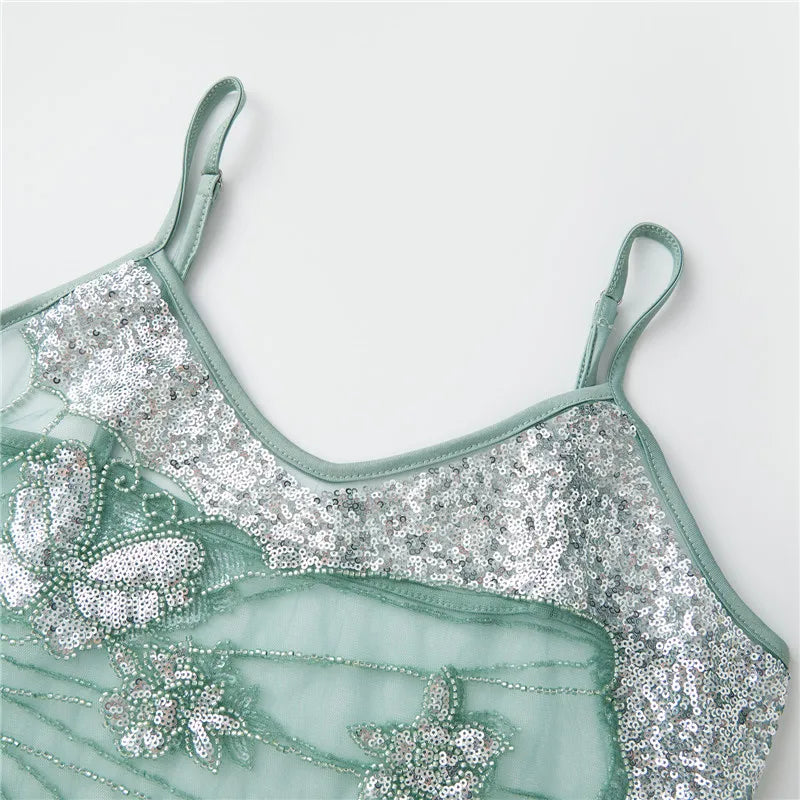 VacationGrabs Sexy Sequin Slim Fit Irregular Strap Tank Crop Tops Versatile Sexy Hot Girl Summer Mesh See Through Sleeveless Tee Shirt