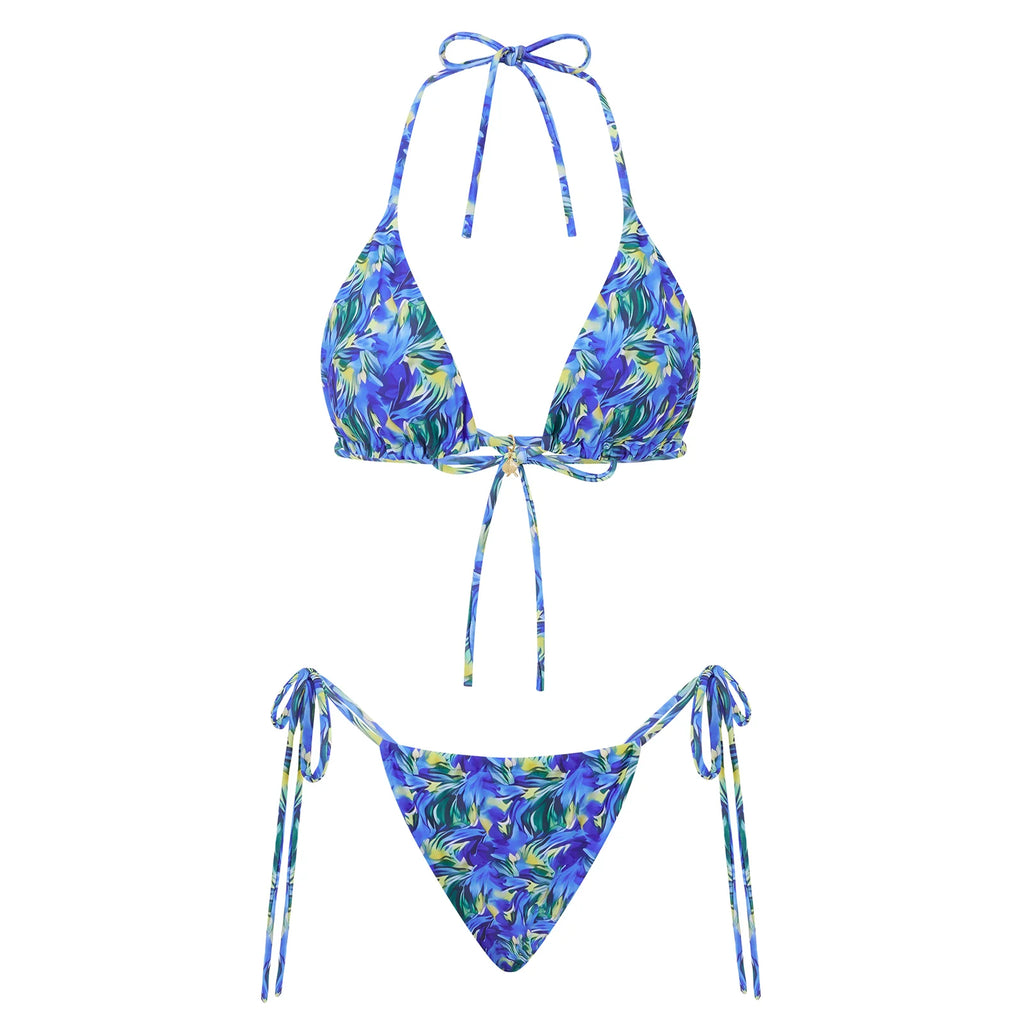 VacationGrabs Women 2 Pieces Bikini Swimsuit Spaghetti Strap Top Tie Side Triangle G-Thong Bathing Suit Beach Holiday Swimwear