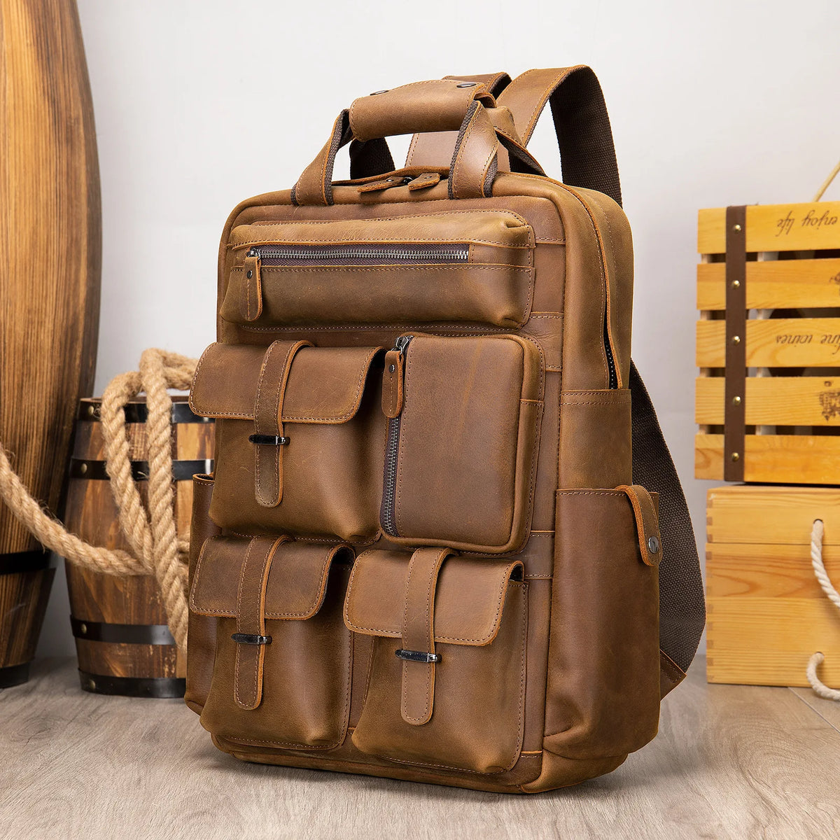 Frenzy Horsehide Men's Double-Shoulder Backpack, Cowhide Outdoor Travel Backpack, Men's Genuine Leather Double-Shoulder Bag