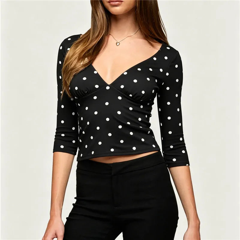 VacationGrabs Women Vintage Polka Dot Crop Top Deep V 3/4 Sleeve Wrap Bust Slim Fitted Short T Shirt Retro Casual Y2K Basic Blouse