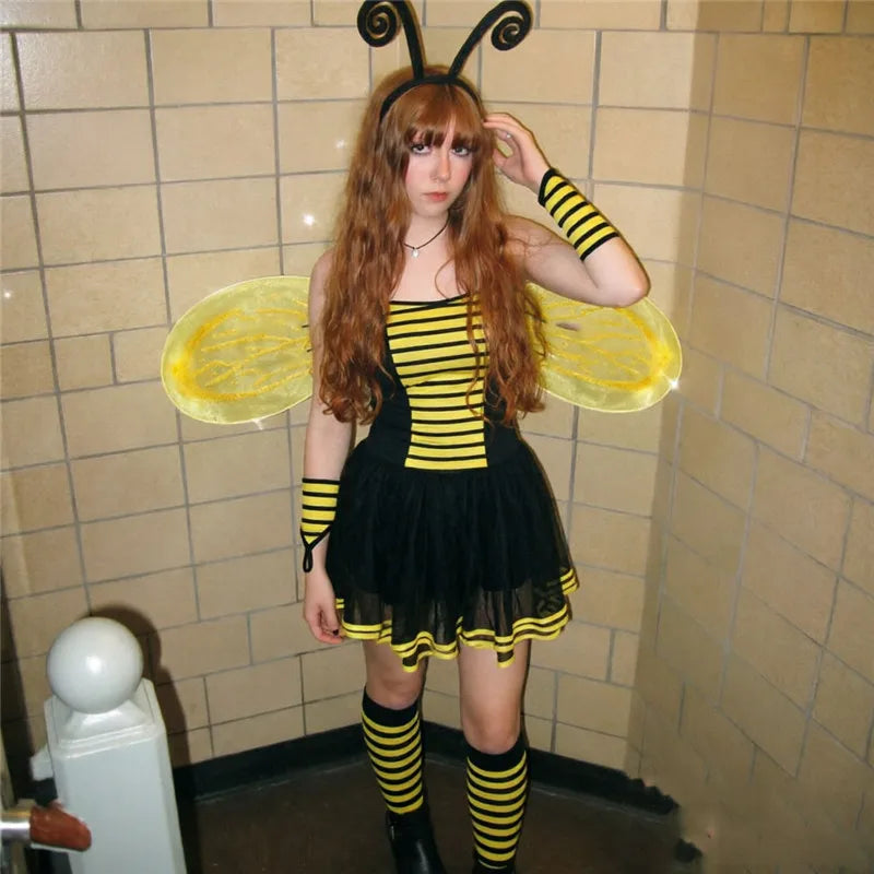 VacationGrabs Women Bumble Bee Halloween Costume Striped Tutu Dress With Bee Wings Antenna Headband Gloves Stockings Cosplay Outfit