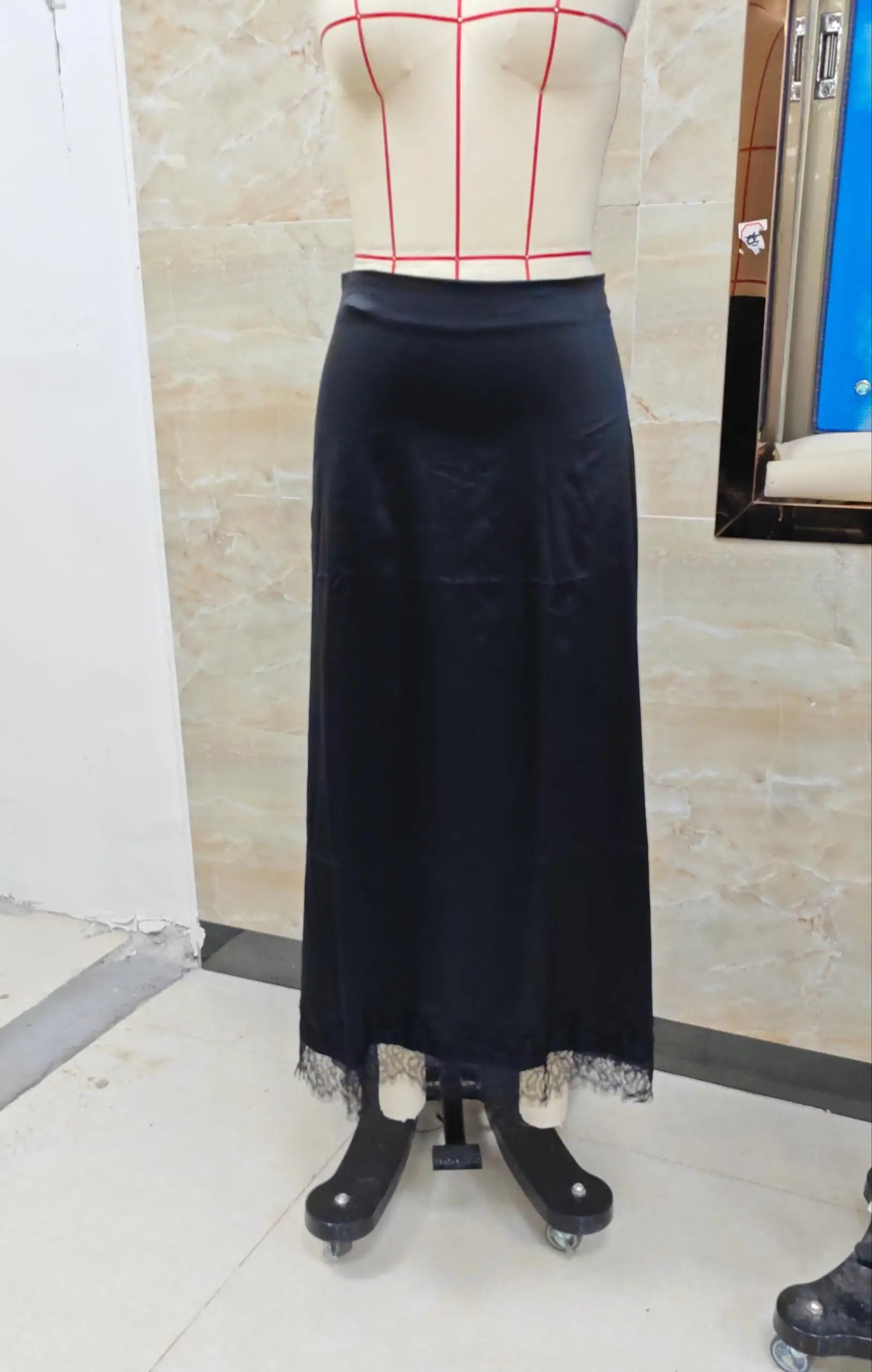 VacationGrabs Elegant Lady Elastic Waist Silky Lace Trim Midi Skirt Women Satin Lace Long Skirt Y2k Half Slip Maxi Skirts Under Dress