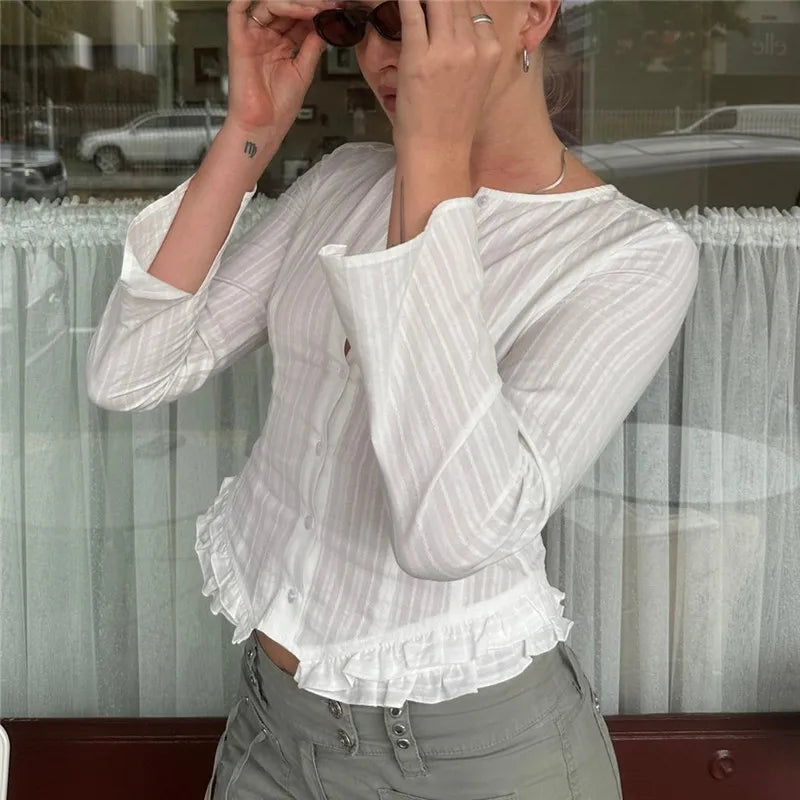 VacationGrabs Elegant Women's Autumn Spring Striped Tops Long Sleeve Round Neck Ruffle Trim Hem Casual Button Up Shirts Blouse