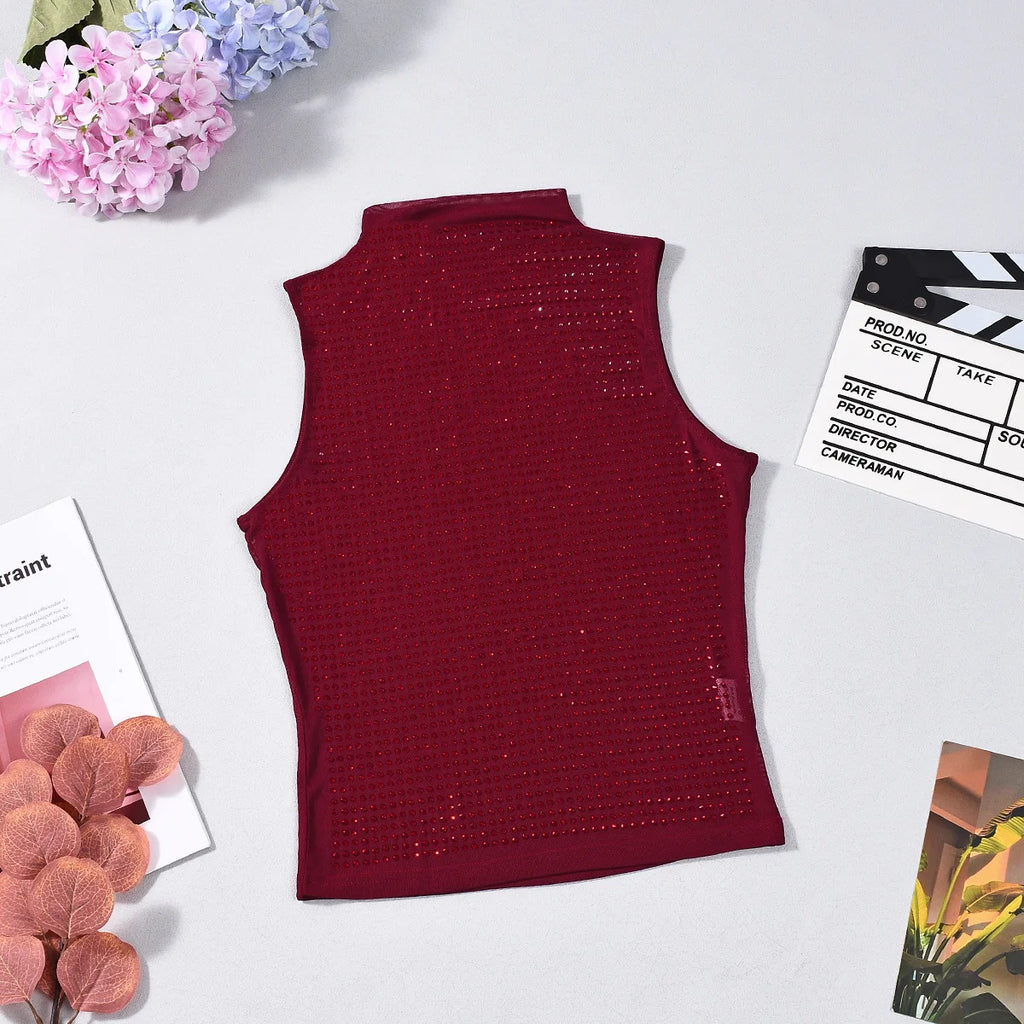 VacationGrabs Women Sequin Mesh Tank Tops Turtle Neck Sleeveless Rhinestone Decor Slim Fit Summer Vest Shirts Sparkly Party Clubwear