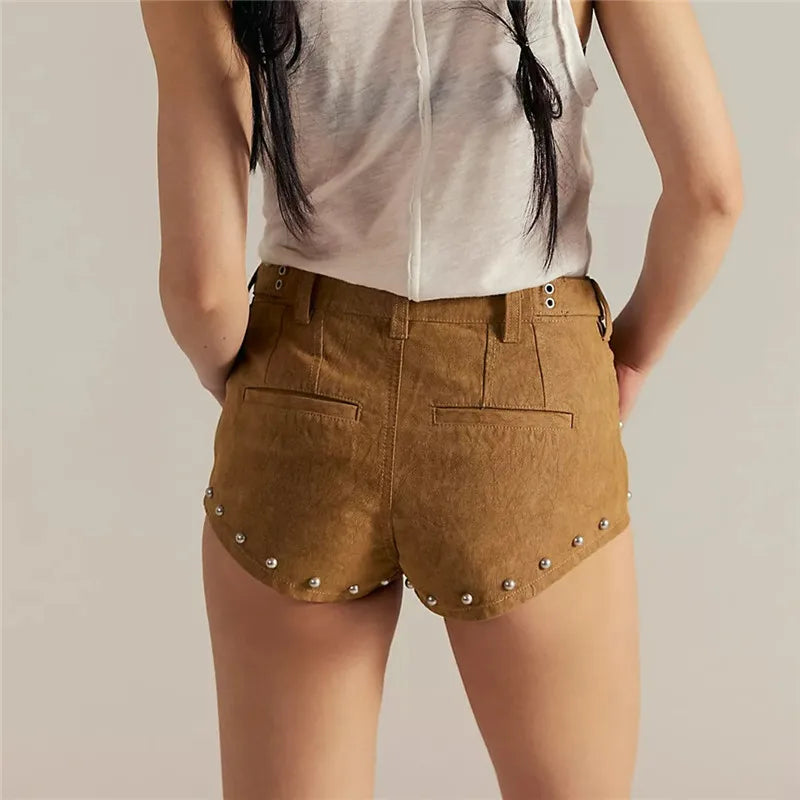 VacationGrabs Y2K Vintage Rivet Faux Suede Micro Shorts Women Low Waist Slim Skinny Hot Pants Retro Streetwear Club Night Mini Shorts