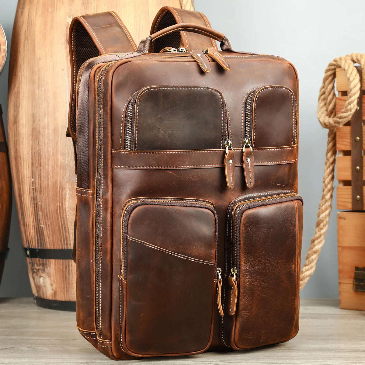Frenzy Horsehide Men's Double-Shoulder Backpack, Cowhide Outdoor Travel Backpack, Men's Genuine Leather Double-Shoulder Bag