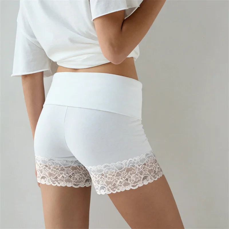 VacationGrabs Chic Y2K Style Fold Over Waist Lace Trim Biker Shorts for Women Solid Color Soft Safety Shorts Casual Daily Loungewear