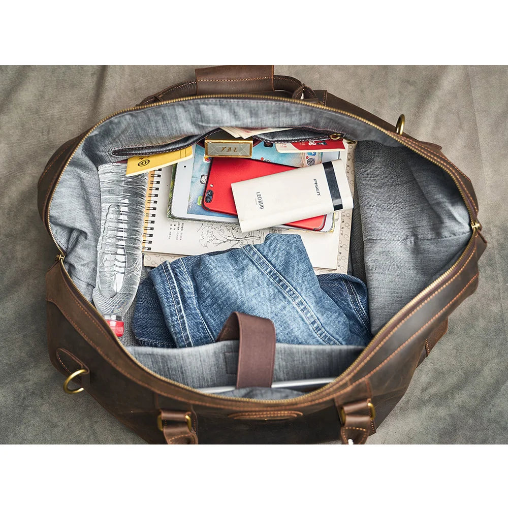 Men's Dark Brown Leather Travel Duffle Bag