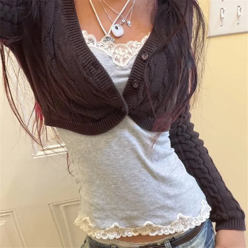VacationGrabs Women Y2K Cable Knit Cropped Bolero Cardigan V Neck Button Long Sleeve Super Short Knit Shrug Sweater Outerwear Tops