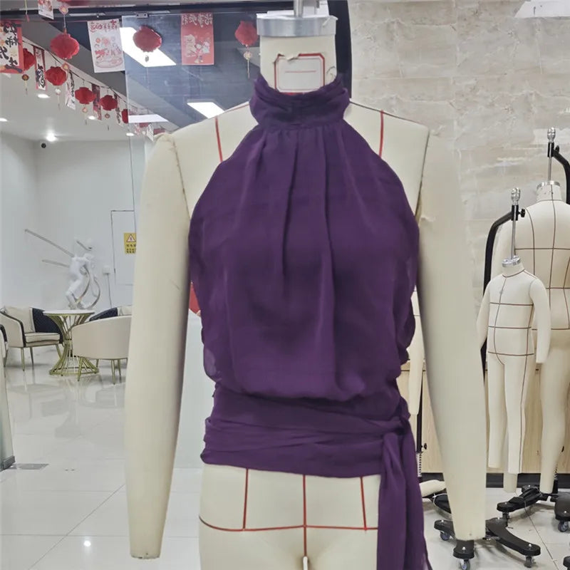 VacationGrabs Elegant Plum Purple Halter Top Women Open Back Sleeveless Blouse Tie Waist Flowy Top For Office Commute And Casual Wear