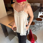 VacationGrabs Women Lace Trim Satin High Low Tops Silk Spaghetti Strap Side Split Asymmetrical Cami Top Flowy Silky Layering Tops