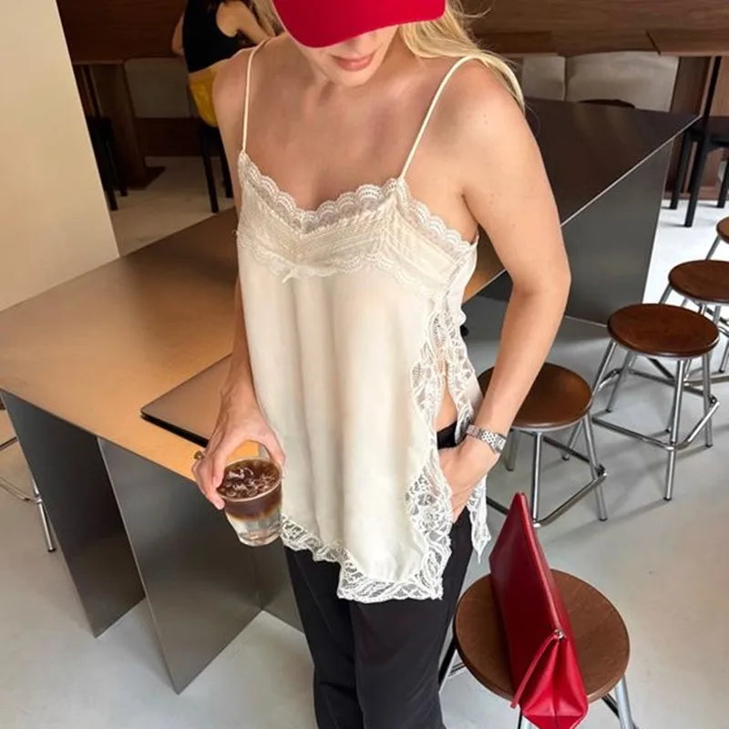 VacationGrabs Women Lace Trim Satin High Low Tops Silk Spaghetti Strap Side Split Asymmetrical Cami Top Flowy Silky Layering Tops