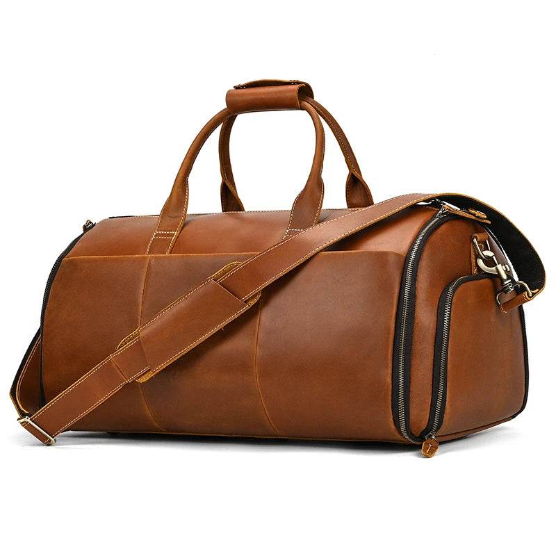 Men's Leather Business Trip Travel Duffle Opens to a Garment Bag - VacationGrabs