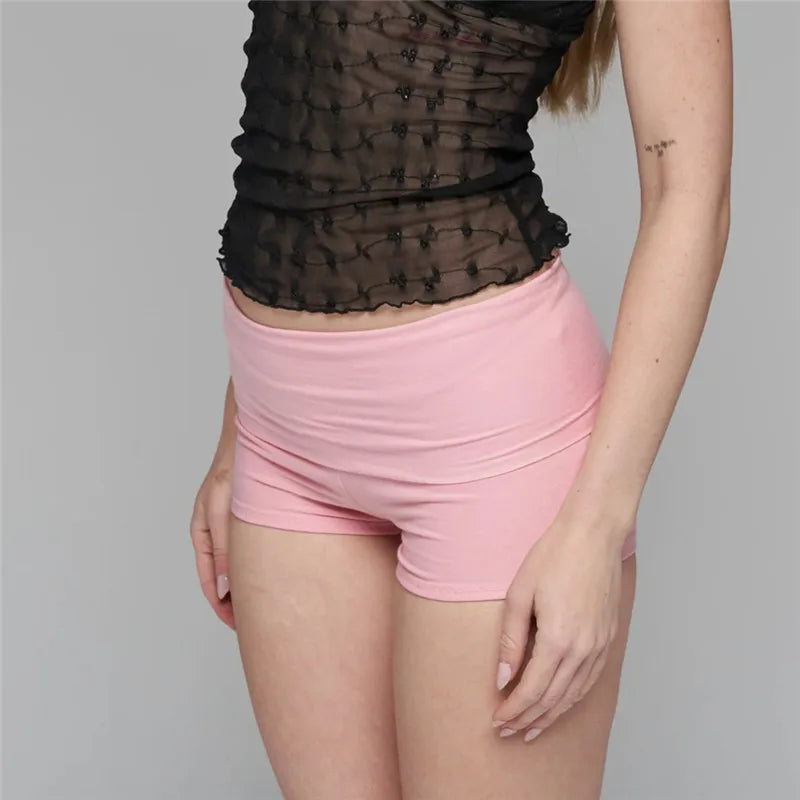 VacationGrabs Women's Fold Over Waist Low Rise Yoga Shorts Slim Fit Stretchy Cotton Casual Summer Lounge Shorts for Daily Workout
