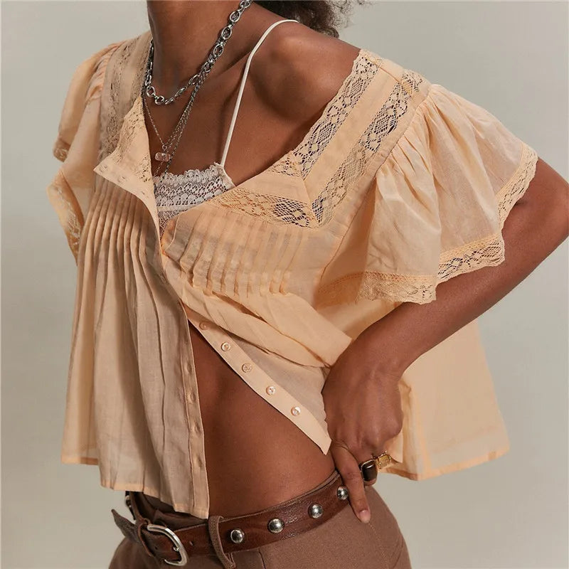 VacationGrabs Women Boho Square Neck Lace Blouse Puff Short Sleeve Button Front Pleated Loose Cropped Shirt Vintage Cottage Summer Top