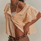 VacationGrabs Women Boho Square Neck Lace Blouse Puff Short Sleeve Button Front Pleated Loose Cropped Shirt Vintage Cottage Summer Top