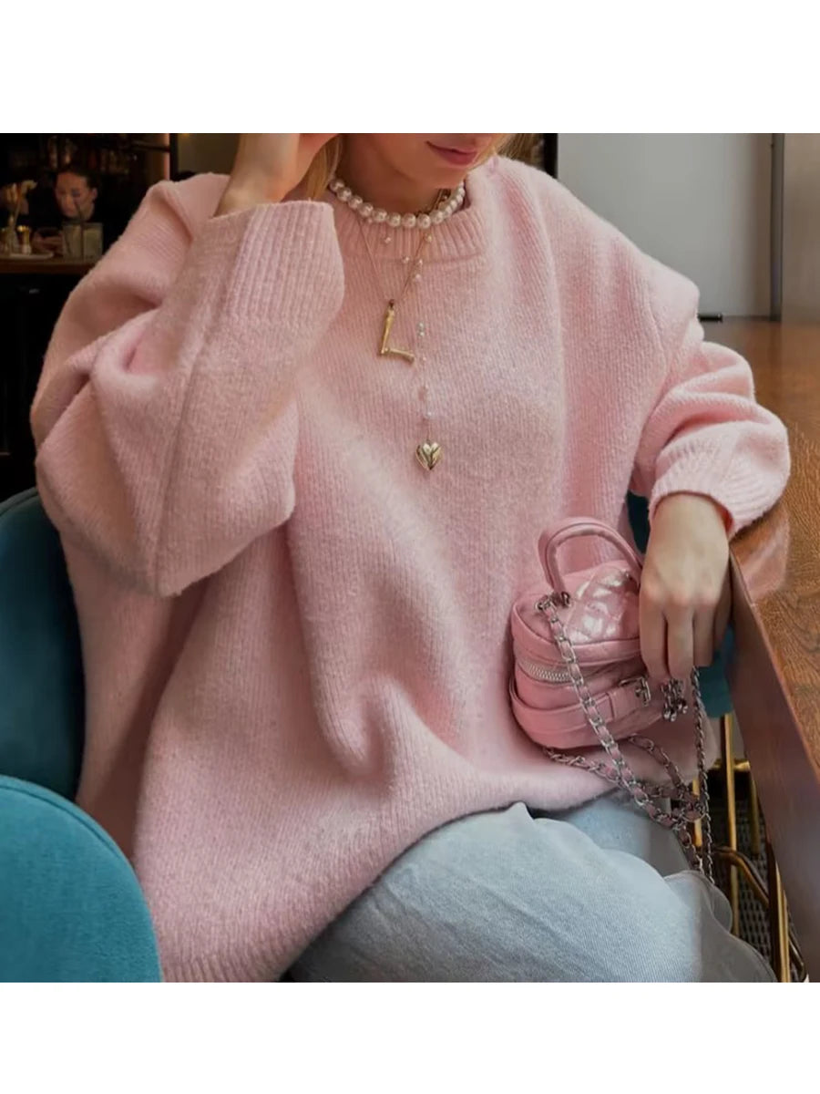 VacationGrabs Women Y2K Oversized Sweater Preppy Long Sleeve Crew Neck Solid Color Loose Grunge Pullover Ribbed Knit Jumpers Top