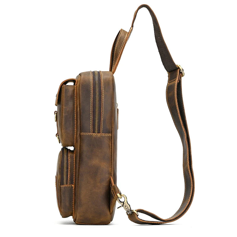 Original Designer Leather Shoulder Bag Crazy Horse Leather Men's Chest Bag Crossbody Bag Simple Design Men's Sling Bag Vintage