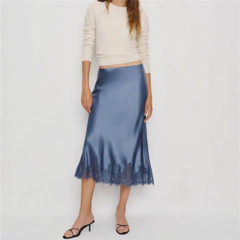 VacationGrabs Women Silk Satin Half Slip Long Skirts Lace Patchwork Elastic Waist Long Skirt Elegant Silky Flowy A Line Midi Skirts