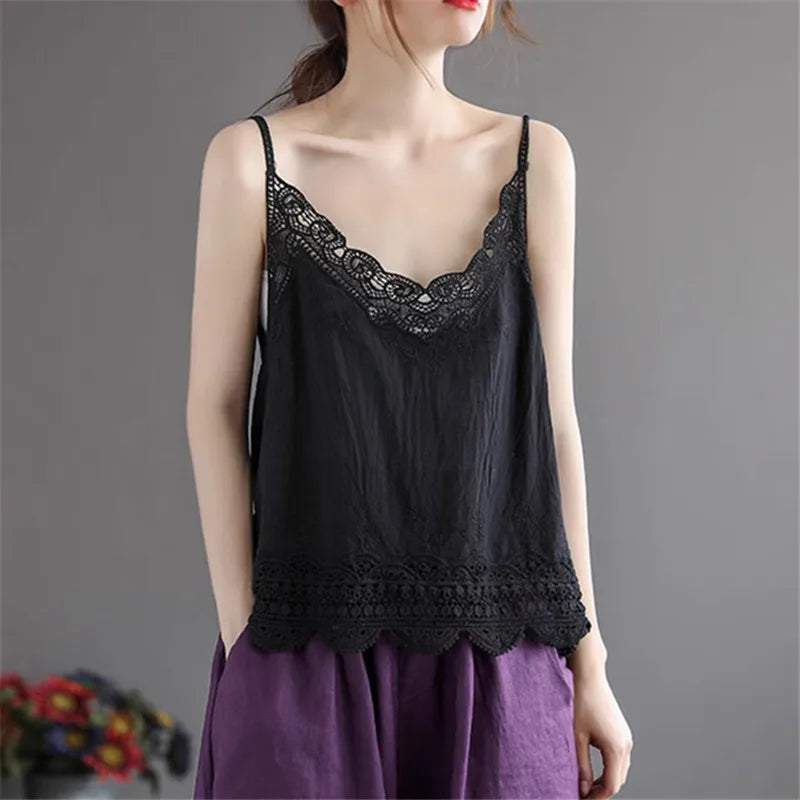 Women V Neck Camisole Loose Fit Hollowed Flower Embroidered Spaghetti Strap Cotton Linen Tops Casual Summer Streetwear