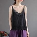 Women V Neck Camisole Loose Fit Hollowed Flower Embroidered Spaghetti Strap Cotton Linen Tops Casual Summer Streetwear