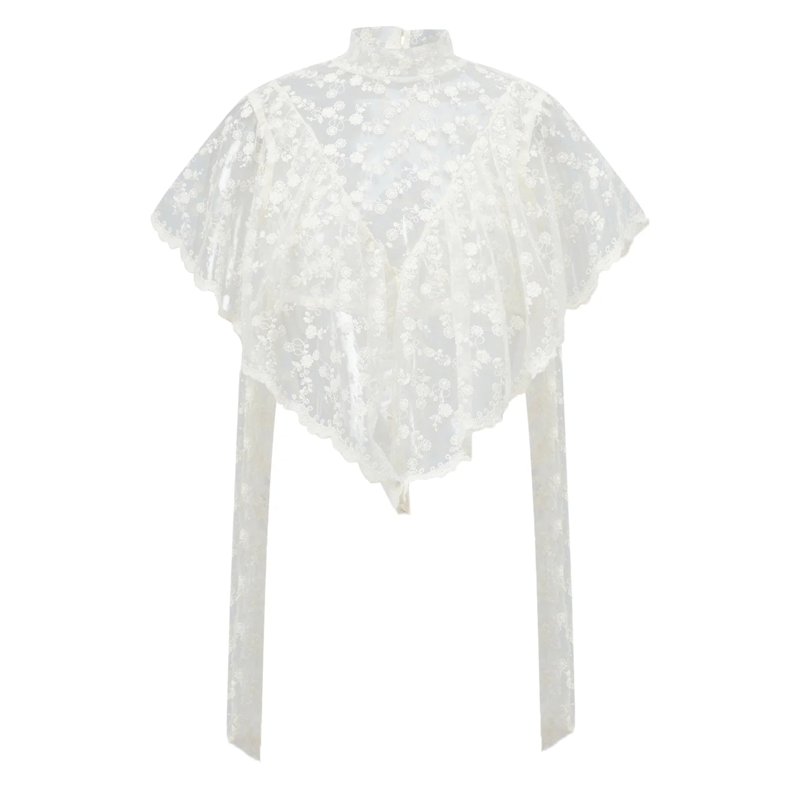 VacationGrabs Y2K Fairy Mesh See Through Casual High Neck Looseshawls Women Floral Lace Embroidery Shawl Tops Asymmetrical Streetwear