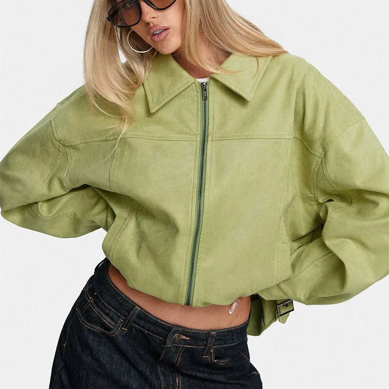 VacationGrabs Women Micro Biker Jacket Casual Loose Fit Stylish Solid Color Zip Up Collared Long Sleeve Coat Fall Spring Streetwear